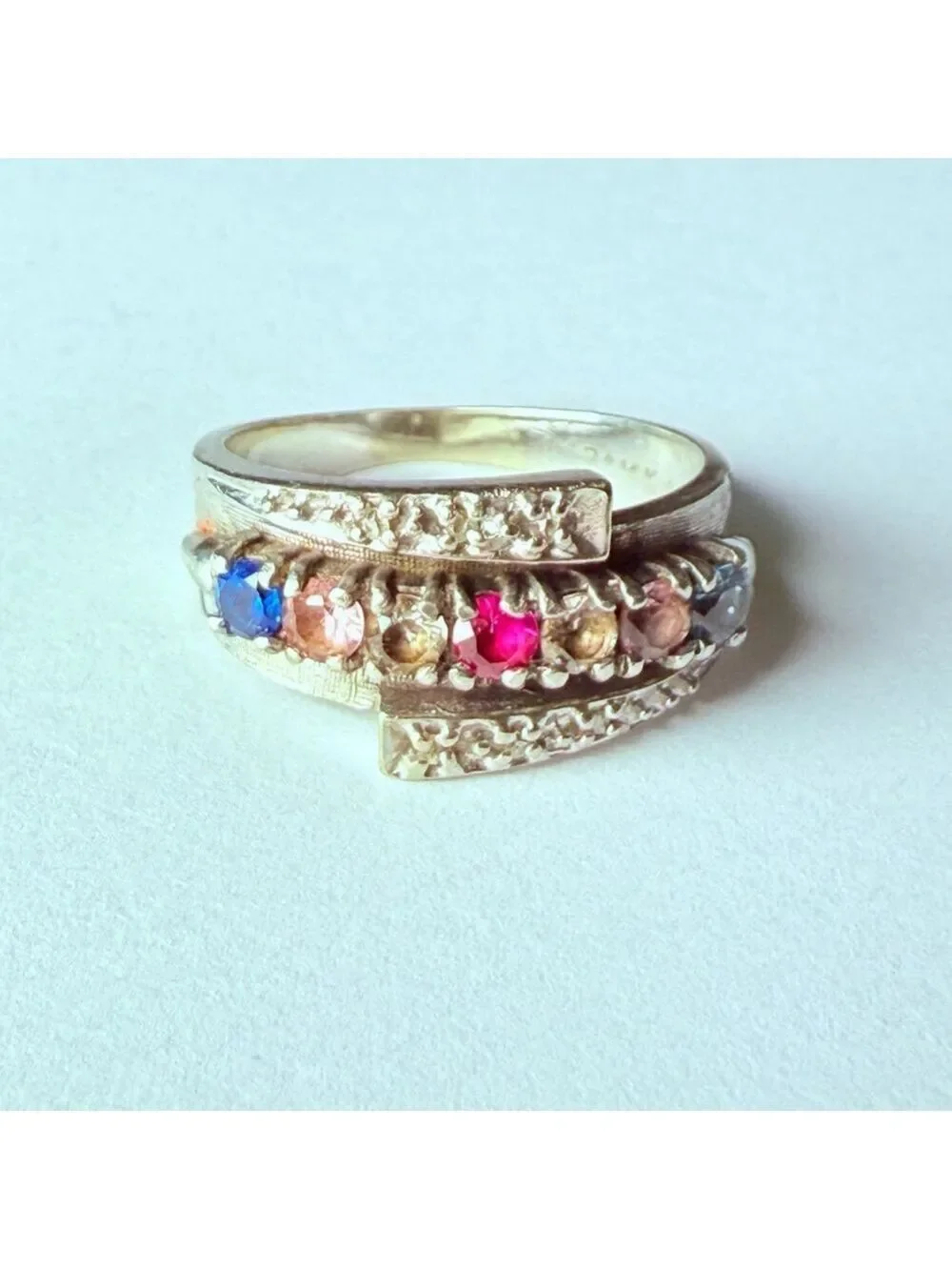 14k Solid White Gold Diamond Rainbow Gemstone Ruby Sapphire Double Bypass Ring